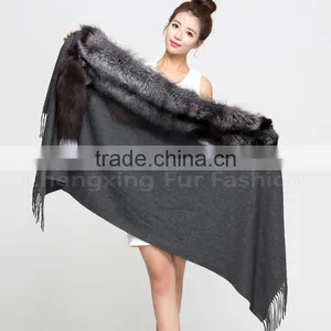 CX-B-P-53B Tassels Decoration Women's Fashion Fox Fur Trim Pashmina Shawl thumbnail-2