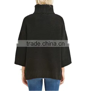 Loose 3/4 Sleeve Acrylic Roll Neck Rib-knit Neckline Fancy Sweaters for Women thumbnail-2