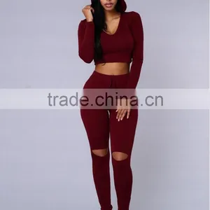 2016 New Women's Hole Crop Top Hoodie Set ,Christmas Sweater ,2Pcs Plain Tracksuit Woman Active Hoodies Sweatshirt Tracksuits thumbnail-4