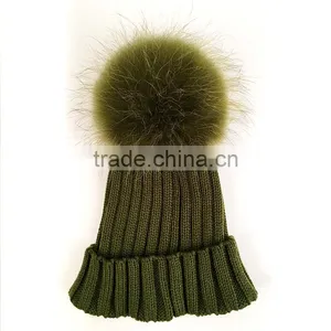 Myfur Classical Raccoon Fur Attached Pom Pom Beanie Adult Khaki Green Winter Cap thumbnail-2