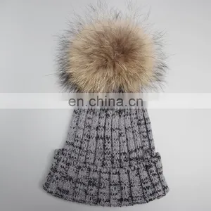 Winter Lady Knit Beanie Hat With Real Raccoon Fur Ball thumbnail-5