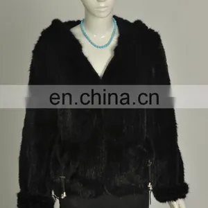 Knitted Mink Fur Coat With Hood North American Canada Style Bomber Jacket thumbnail-3