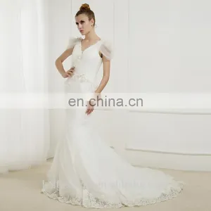 EB2905 Dropped Scoop Cap Sleeve V-neck Diagonal Pleat Criss-cross Sheath Mermaid Wedding Dress thumbnail-1