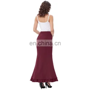 Belle Poque Womens High Stretchy Nylon-Cotton Vintage Retro Ruffled Fishtail Mermaid Victorian Style Wine Long Skirt BP000203-3 thumbnail-5
