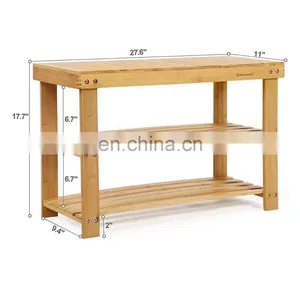 Wood Bamboo 3 Tier Shoe Bench Rack With Seat thumbnail-3