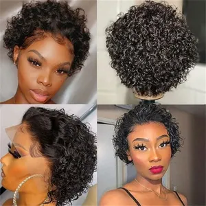 Pixie Cut Wig Short Bob Curly Human Hair Wigs Cheap 13X1 Transparent Lace 99J Burgundy Water Deep Wave Lace Front Wig For Women thumbnail-1