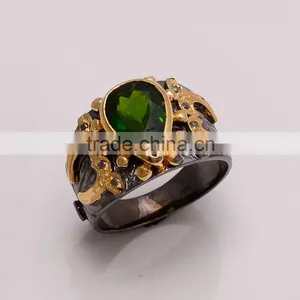 925 SOLID STERLING FINE SILVER PERIDOT RING BLACK & GOLD RHODIUM thumbnail-1