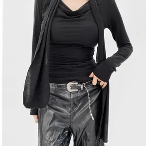 Pure Desire Style Loose Collar Hanging Neck Streamer Long-sleeved T-shirt Spring Design Pleated Slim Body Hot Girl Bottom Shirt Women thumbnail-1