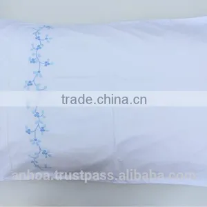 Blue Flower Embroidered Pillow Case ,white Cotton Pillow Covers With Hemstitch thumbnail-1