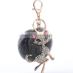 Rhinestone Charm Car Keychain With Gray Rabbit Plush Ball thumbnail-1
