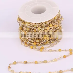 Yellow Color Faceted Round Stone Bead Chain, Brass Wire Wrapped Rosary Chain Necklace Bracelet Jewelry Findings thumbnail-1