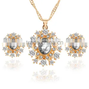 High Quality Big Green Stone Korea Wedding Necklace and Earring Sets Gold Jewellery thumbnail-3