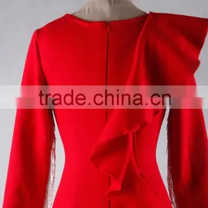 J--00103 Red Long Sleeve Muslim Evening Dress Customized Tassles o Neck Evening Gown thumbnail-6