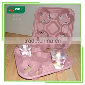 Pink Food Grade Recycled Paper Pulp Molded 4 Cup Paper Cup Tray thumbnail-1