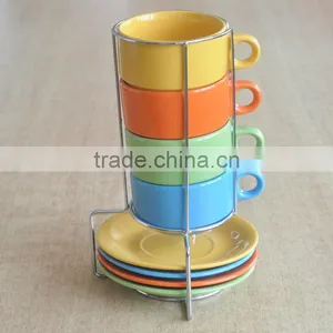Set of 4 Pcs Ceramic Cup&saucer With Metal Rack thumbnail-1