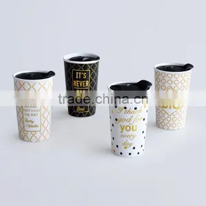 Double Wall Mug With Lid,ceramic Double Wall Travel Mug With Gold Decal,ceramic Travel Mug With Lid and Printing thumbnail-1