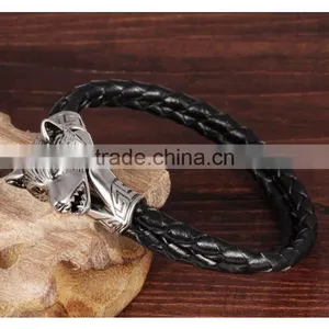 Men Stainless Steel Wolf Bracelet , Braided Black Leather Bracelet thumbnail-5
