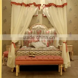 European Style Antique Ivory Color and Pink Hand Drawing Children Wooden Carved Girl Princess Bed With Canopy - BF07-70357 thumbnail-1