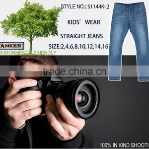 T1144K-2 Medium Indigo Kids Boys Girls Handcraft Pants Trousers Wrinkle Slim Jeans thumbnail-2