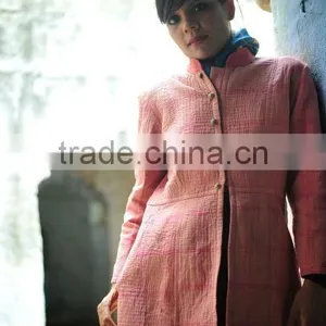 Vintage Kantha Long Accent Jacket in Beautiful Vintage Pink With a Saree Border Collar ~ Large thumbnail-1