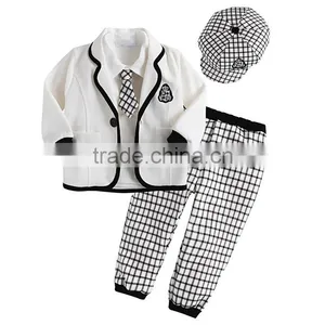 2016 Hot Sale Boy Clothing Prince Handsome Boy Suits White Coats Grey Cap And Strip Pants Children Wear Kids Clothes thumbnail-1