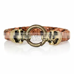 China Fashion PU Leatheroid Bracelets Antique Bronze Pink Halloween Skull Clasp 22cm X1.7cm2 PCs thumbnail-1