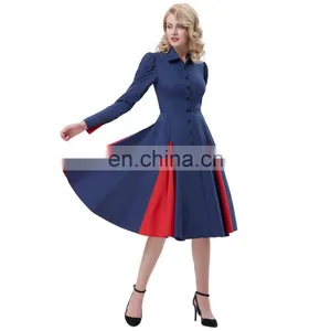 Belle Poque Victorian Style Long Sleeve Shirt Collar Contrast Color Navy Swing Retro Vintage Dress BP000366-3 thumbnail-2