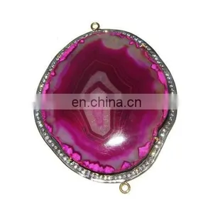 Pink Agate Slice CZ Set Gemstone Connector thumbnail-1
