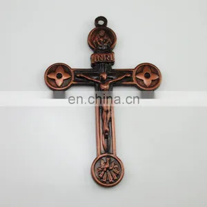 Red Copper Plated Catholic Medallion Crucifix Cross Pendant thumbnail-1
