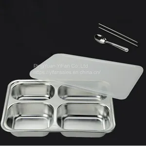 Stainless Steel Compartment Rectangular Lunch Tray Dinner Plate Food Serving Tray With Lid thumbnail-1