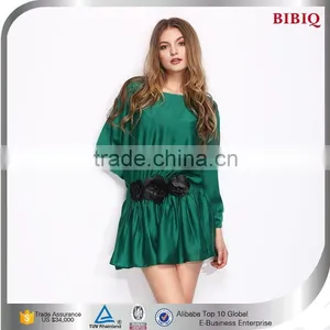 New Arrival Round Neck Long Sleeve Green Silk Casual Dress Quality Choice thumbnail-1