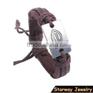 >>hot Selling Adjustable Jesus Ichthys Symbol Leather Bracelet/ thumbnail-1