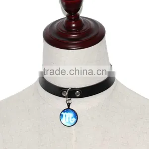 Fashion Women Man Round Zodiac Pendant Necklace Leather Chain Necklace Choker Vintage Jewelry thumbnail-2