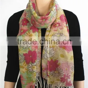 Floral Pattern Printed Wool Scarf With Fringe thumbnail-3