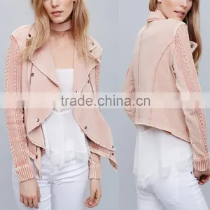 New Arrivals Autumn Winter Cropped Crochet Moto Ruffled Fashion Pink Jacket Girls thumbnail-1