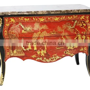 Classico European Style Ruby Red Solid Wood Carving Bombe Chest With Chinoiseries Landscape Handpainiting BF12-04244a thumbnail-4