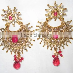 Pink Polki Gold Tone Dangler EARRING Pair thumbnail-1
