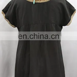 Grey Fabric MEXICAN Color Embroidered Dress Boho 100 % Cotton Tunic Hippie Floral Design Handmade Sleeveless Short Tunic Gifted thumbnail-2