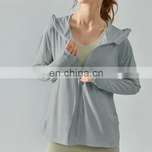 Custom Logo Gym Fitness Outdoor Wear Thumb Hole Anti-UV Hoodie Jacket Quick Dry Loose Full Zip UPF 50+ Sports Clothes For Women thumbnail-4