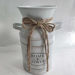 Vintage White Distressed Galvanized Metal Milk Can Vase, Iron Pitcher With Jute Rope Bow & Double Handles for Farmhouse Home Dried Flower Decor thumbnail-1