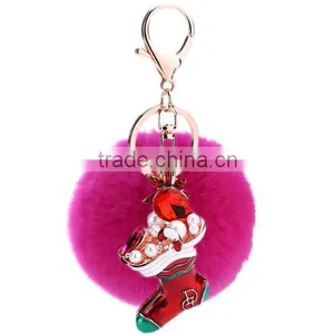 Christmas Stocking Pendant Keychain With White Rabbit Fur Ball thumbnail-1