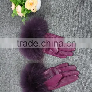 Fashion Sheep Leather Gloves Women Touchscreen Raccoon Fur Cuff Leather Gloves thumbnail-2