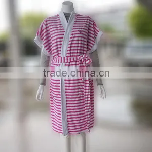 Short Sleeve Women Stripe Fancy Cotton Yarn Dyed Terry Bathrobe thumbnail-1
