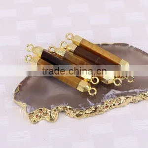 Natural Tiger Eye Gem Stone Connector Beads, Gold Plated Edged Thin and Long Druzy Stones For Jewelry Making thumbnail-2
