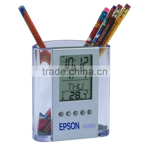 Plastic Transparent Multifunctional Pen Holder Calendar Timer Thermometer Clock thumbnail-1