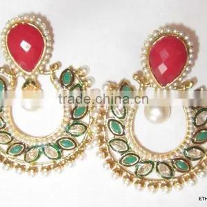 Red Green Bollywood Polki Gold Tone Dangler EARRINGS thumbnail-1