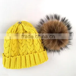 Myfur New Color Yellow Adults Large Raccoon Fur Ball Winter Knit Hat thumbnail-3