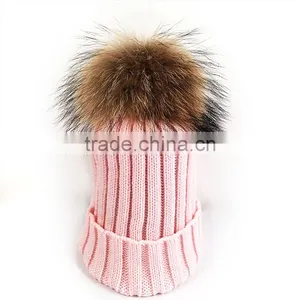 Myfur Wholesale Baby Pink Top Quality Raccoon Fur Pompoms Hat And Cap thumbnail-1