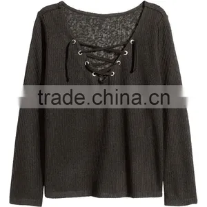Ladies Wearing Hand Knitted Wool Sweaters With Lacing V-Neck Design thumbnail-5