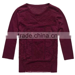 2017 Hot Selling Guangzhou Shandao New Style Women Autumn Casual Wine Red 3/4 Sleeve Round Neck Embroidered Rayon Tops thumbnail-4